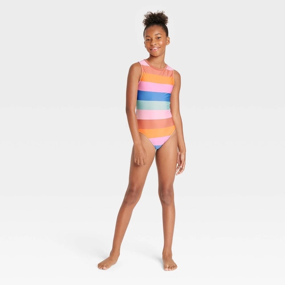 Art Class Colorful Striped Kids Swimsuit Size XL 14